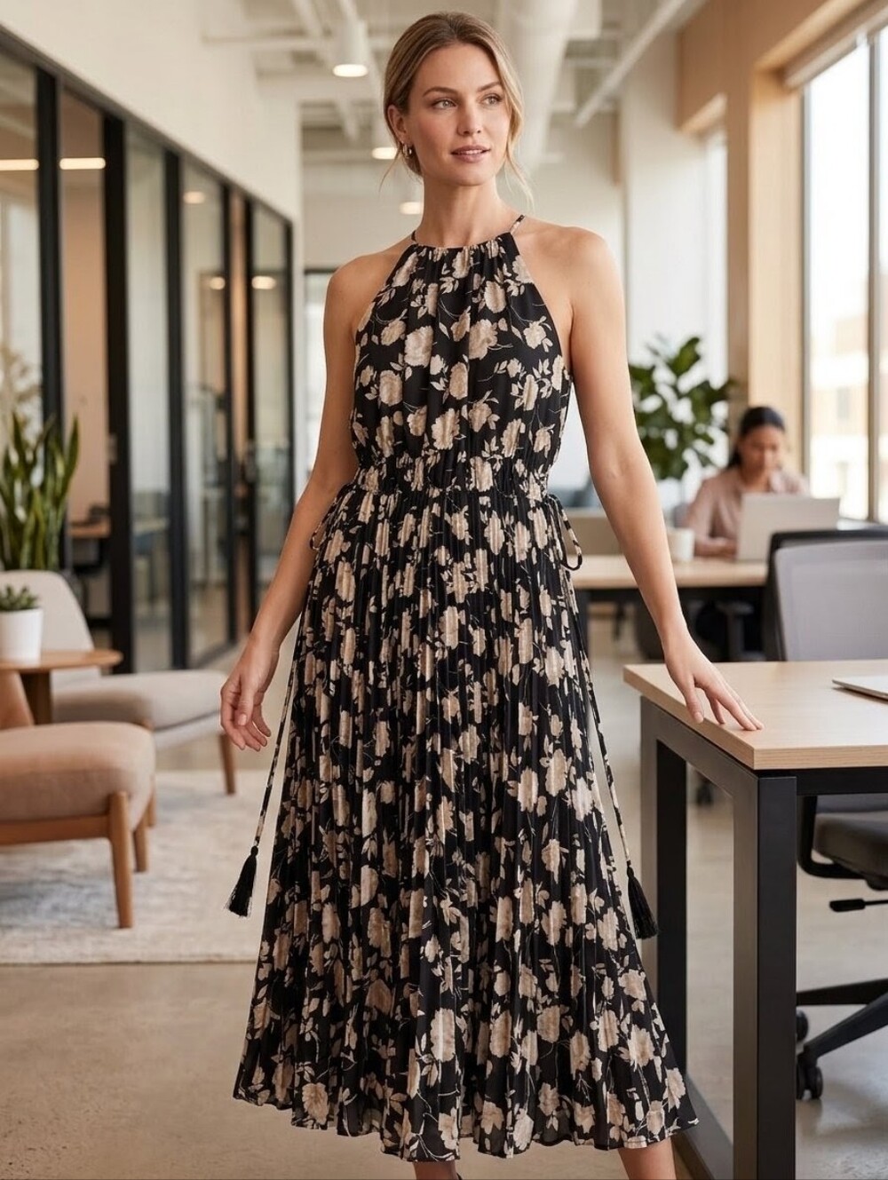 Taylor NWT Floral Halter Pleated Maxi Dress Black Truffle Tassels Size 4